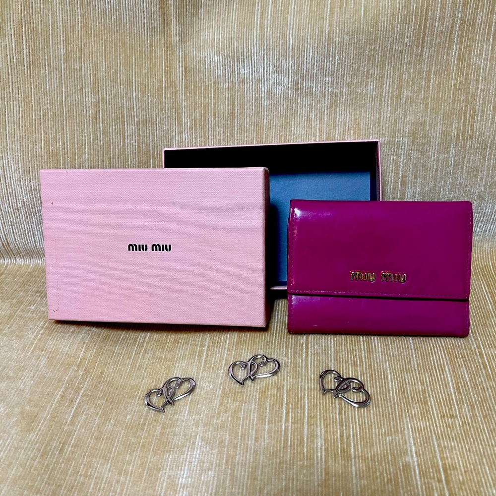 MIU MIU Hot Pink Patent Leather Trifold Wallet and Box. UGC.